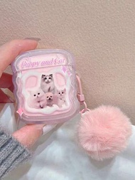 搞笑貓/狗造型空氣襪盒，使用粉色毛球鑰匙扣，適用於Airpods1/2及AirPods Pro