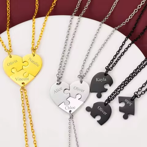 Amaxer Personalized Matching BFF Necklace for 2/3/4/5/6 Puzzle Engrave Name Heart Pendant Forever Fr