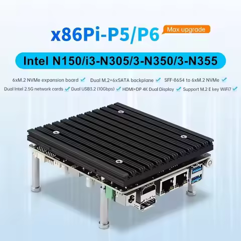 X86-P5 DIY NAS Motherboad Max 7*M.2 NVME or 6*SATA Kit Firewall Router Intel i3-N355 N350 N150 DDR5 
