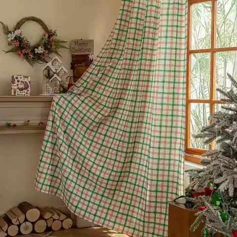 1pc Green Red Plaid Curtain Festive Window Decor for Holiday Living Room Dining Room