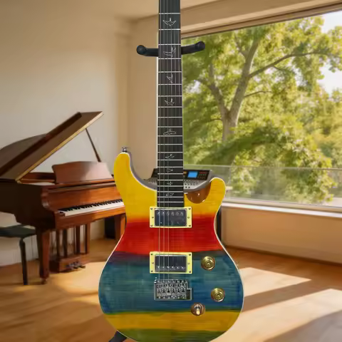 Rainbow Sunburst Tiger Flame Maple Top PRS-Style Electric Guitar Iconic Bird Inlays – Vintage HH Pic