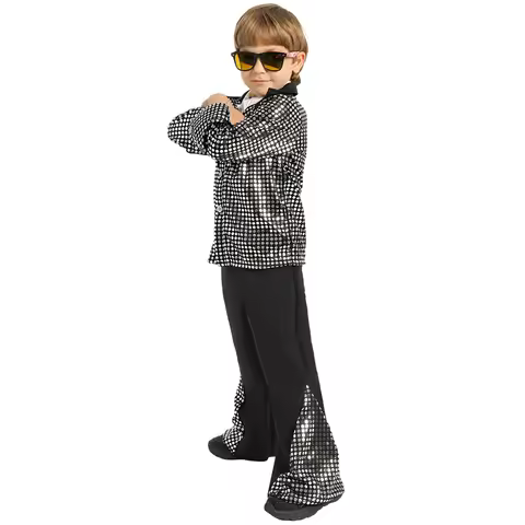 Boys 70s 80s Retro Disco Sparkle Flare Jumpsuit Party Prom Halloween Cosplay Costume