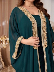 SHEIN Najma 阿拉伯風格大尺碼女款金色串珠刺繡緞帶拼布夾克與無袖洋裝套裝