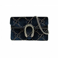 GUCCI 墨藍色天鵝絨鑽扣Dionysus酒神超Mini16.5肩背包