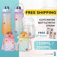 【FREE Sticker】Cute Water Bottle With Straw 2000ML 1200ML Botol Air Murah Budak Viral 1L 2L Botol Air