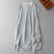 Oladivi Plus Size Women Cotton Linen Midi Dress Short Sleeve Summer Oversized Tunic Robe 3911 D061