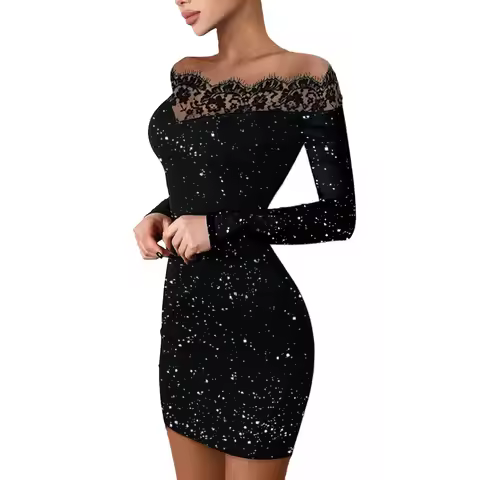 Women's Slim Fit Black Evening Dress Silver Hot Stamping Off Shoulder Bodycon Gown for Party Prom