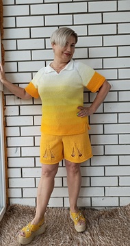 套裝純棉女夏季黃色T卹+短褲