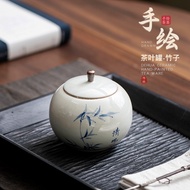 Ceramic Tea Cans Sealed Portable Small Cans Household Travel Tea Cans Hand-Painted Bamboo Tea Storag