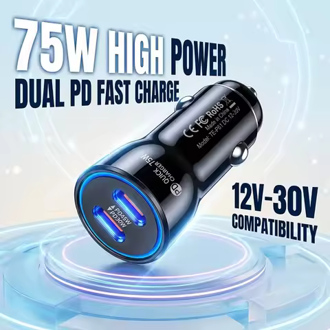 75W PD Fast Charging Car Adapter Dual Type C Ports 45W 30W With Anti Slip Metal Shrapnel Suitable Fo