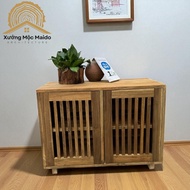 Natural Melaleuca Wood Cabinet with 2 Open Doors, Breathable Wood Slats for Multi-Purpose Storage, S
