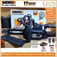 WORX WG322E 20V 2.0Ah Li-Ion 25cm 10" Cordless Compact Chain Saw with Patented Auto Tension and Powe