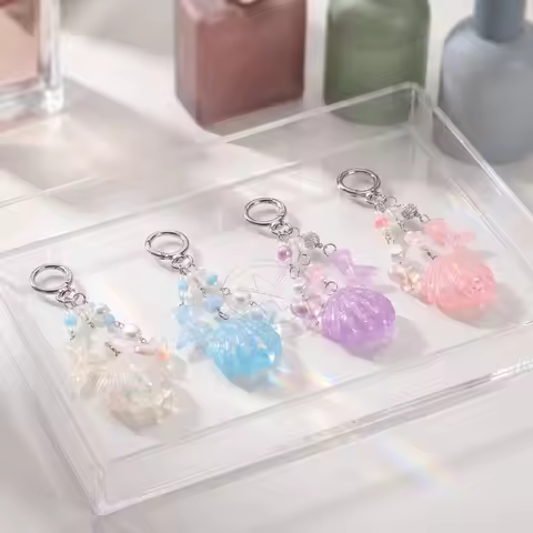 4pcs Ocean Themed Shell Mermaid Keychains Key Ring Bag Charm Pendants Summer Beach DIY Handmade Jewe