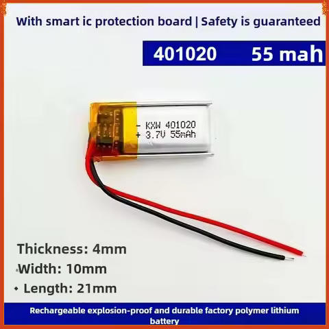 Miniature 55mAh Li-Polymer Battery 3.7V Ultra Thin for TWS Earbuds & Smart Bracelet - 401020 Recharg