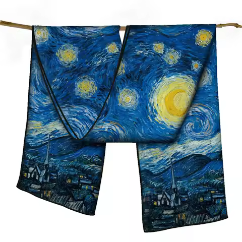 POBING Twill Silk Scarf Women Poncho Hand Rolled Luxury Oil Painting Long Scarves Wraps Bandana Big 