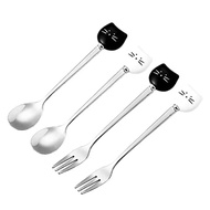 Cute Cats Coffee Spoon and Fork Set Ceramic Stainless Steel Cats Dessert Spoon Drink Spoons Fruit Fo