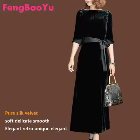 Fengbaoyu Silk Velvet Spring Autumn Lady Seven-cent Sleeve Collar Flag Robe Long Dress Black Evening