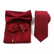5-Piece Business Classic Solid Color Necktie + Bow Tie + Pocket Square + Cufflinks + Brooch Set For 