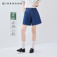 GIORDANO Women Shorts Cool-Touch Lightweight Denim Shorts Half Elastic Waist Pleated Fashion Casual 