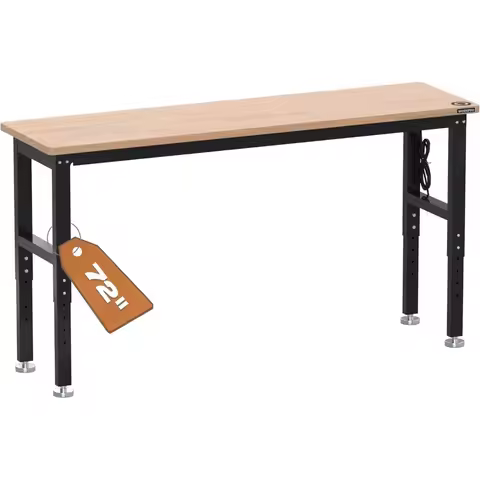 72 Adjustable Workbench, 3000 LBS Load Capacity Hardwood Garage Workbench with Power Outlets, Rubber