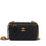Chanel Black Quilted Lambskin Camellia Crush Long Vanity Case Gold Hardware, 2023