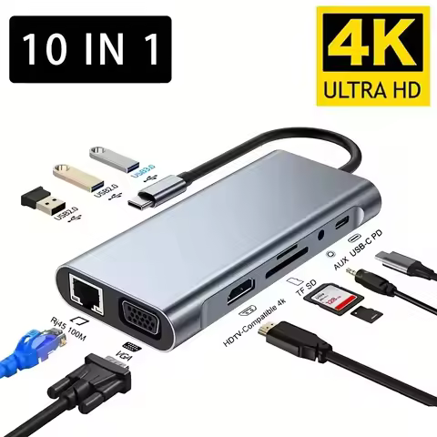 USB C Hub 4K 30Hz Type-C to HDTV Compatible USB 3.0 Adapter 10-in-1 Type-C Hub Docking Station PD 87