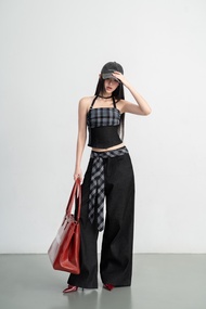 Set Áo Jean Đen Cup Ngực Phối Caro và Quần Jeans Đen Ống Rộng - HOO DESIGN