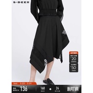 Spring Women's Lace Stitching Pleated Asymmetric A-Line Skirt - S221Z1115