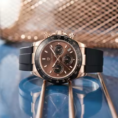 PAGANI DESIGN Men Quartz Chronograph Watch RoseGold Case Black Ceramic Bezel Brown Dial Rubber Strap