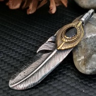 Mens Womens Stainless Steel Gold Plated Goros Takahashi Black Stone Feather Pendant.