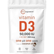 Micro Ingredients Vitamin D3 50000 IU + K2 MK-7 200 mcg 240 Softgels Virgin Coconut Oil 2-in-1 Bone