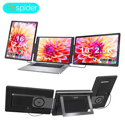 Rospider 16" 2.5K Portable Tri-Screen Monitor for 12-16.5" Laptop, Detachable Triple Screen Extender