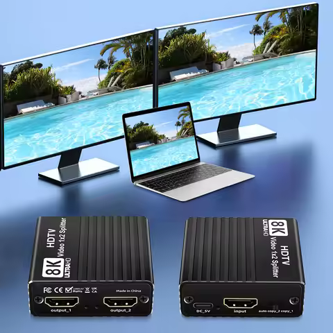 8K Duplicate/Mirror Splitter with EDID HDMI-Compatible 1 To 2 Splitter HD2.1 Dual Display Video Spli