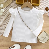 80-130 Girls' Long-Sleeve Solid Color Base Layer Top - Flutter Sleeve Spring Autumn T-Shirt