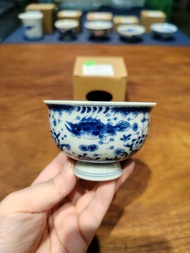 B11 Jingdezhen Porcelain Fish Foot Cup Golden Harvest Blue And White 100ml 8*5.5cm Handmade Ceramic 