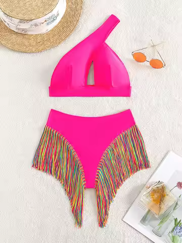 Fringe Tassel One Shoulder Female Swimsuit High Waist Bikini Women Swimwear Two-piece Bikini set Bat