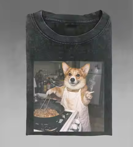 Fun Corgi shirt, retro cooking dog emoji pattern T-shirt, trendy T-shirt All-season pure cotton coup