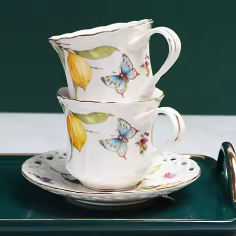 European Ceramic Lemon Butterfly Coffee Cup and Saucer Set with Spoons