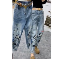 [Spring New Arrival] Fat Sister Spring Summer Heavy Industry Embroidered Denim Daddy Pants Women All