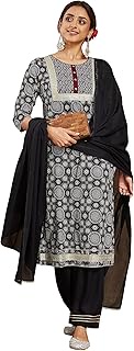 Indian Women's Cotton Black Ajrakh Print Festive Wear Kurta Set for Women