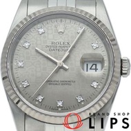二手勞力士 Datejust 男士腕錶，鑲嵌 10 顆鑽石，電腦顯示錶盤，已由原廠全面保養（仍在保修期內），Datejust 36 16234G(U)，國際服務保修，18K 白金/精鋼錶殼，灰色，拋光