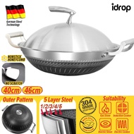 idropmy [ 40CM/46CM ] Kitchen SU304 Kuali Honeycomb Non Stick Cooking Frying Wok Stainless Steel with Lid Cover 蜂锅/不沾锅