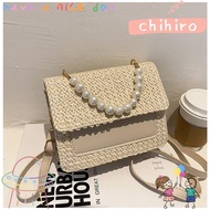 CHIHIRO Straw Beaded Messenger Bag, Pearl Weave Ladies Handbag, High Quality Straw Metal PU Leather Trend Purses Women