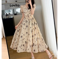 NEW lovito dress forwomen new arrivaGuangdong A Lovito Women Elegant Floral Pleated Dress (Apricot)