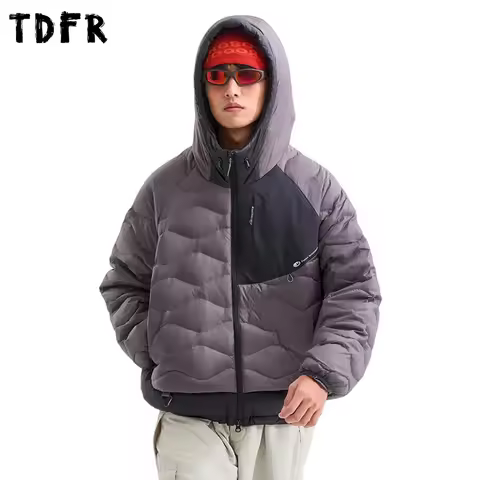 Color Block Hooded Down Jacket Mens Letter Print Winter Thick Safari Style Drawstring Hem Long Sleev