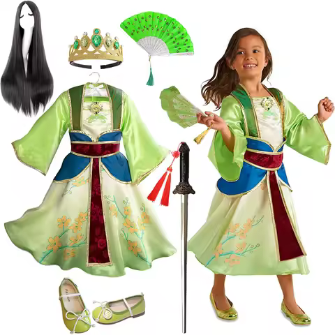 Summer Infant Girls Mulan Dress Halloween Carnival Mulan Cosplay Costume Mulan Wig for Children Birt
