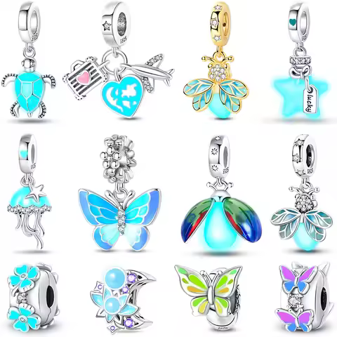 100% 925 Sterling Silver Firefly Jellyfish Turtle Butterfly Dream Catcher Luminous Charms 3mm DIY Fi