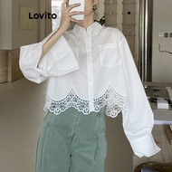 Lovito เสื้อเบลาส์ลูกไม้ สีพื้น ลำลอง สำหรับสตรี LNE21040 (สีขาว)