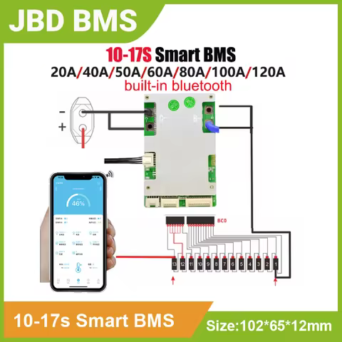 JBD Bluetooth Smart BMS 10S to 17S 13S 14S 16S Lithium Battery Protection Board 36V 48V NMC LFP 20A 
