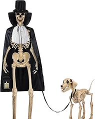 VioraWhite 12 ft Giant Sized Skeleton Costume Set Top Hat, White Ruff, Black Cape, Lantern & Dog Lea